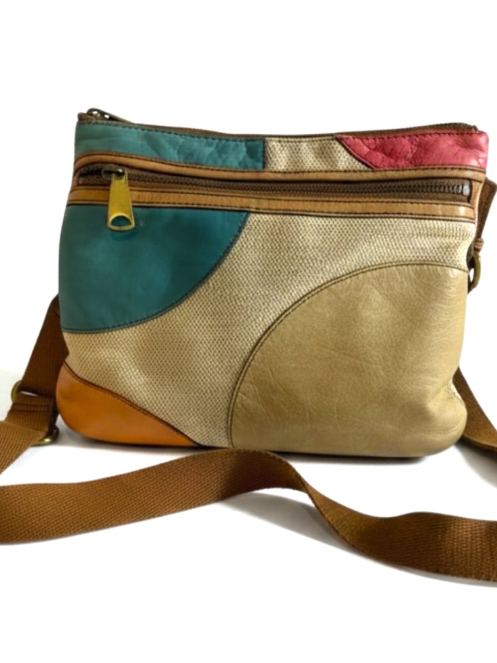 Fossil Multicolor Woven Leather Crossbody Bag Teal Tan Pink Boho
